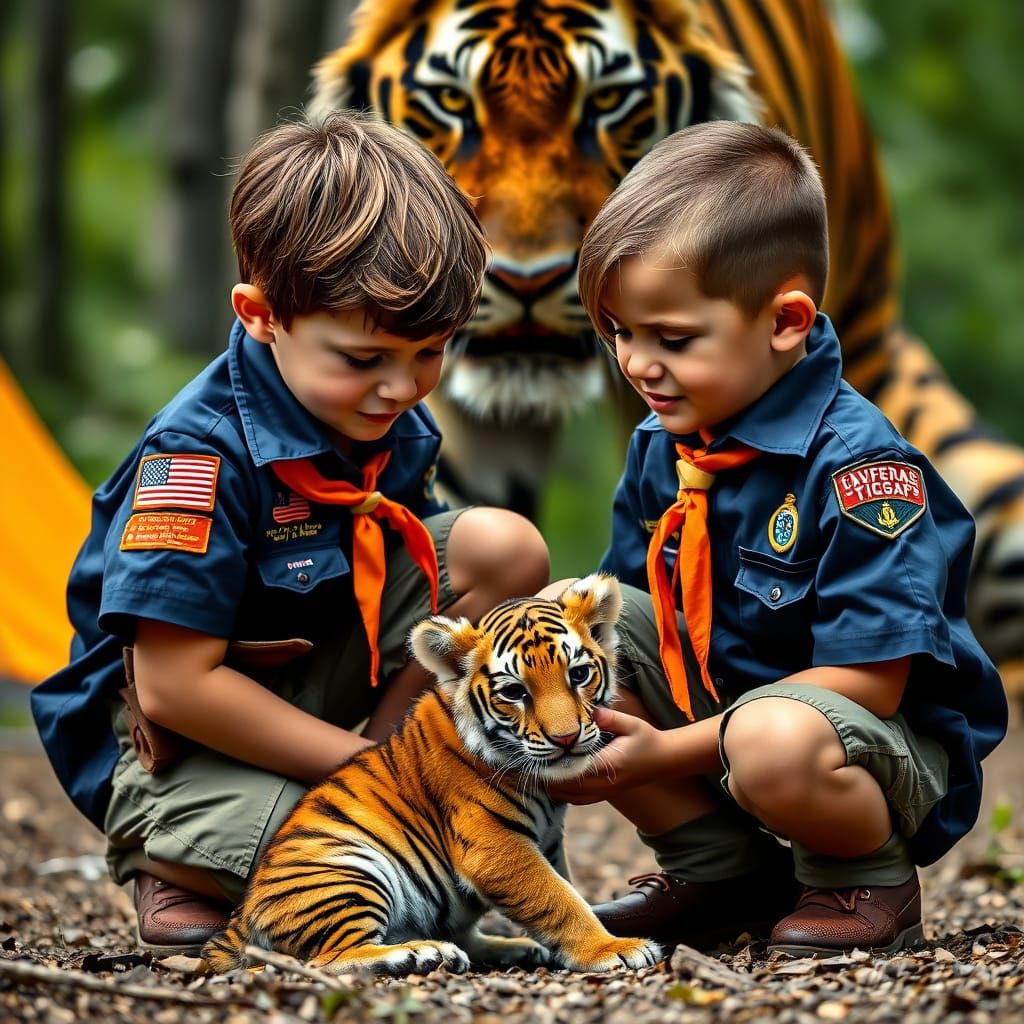 Boy Tenderly Pets Tiger Cub at Campsite