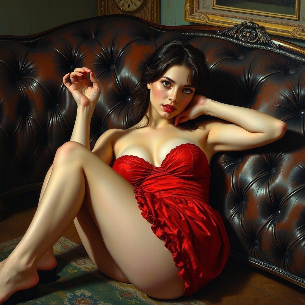 Pinup Girl in Red Dress, Impasto Oil Painting