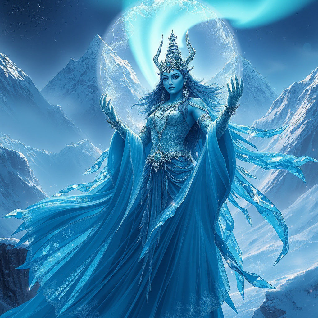 Shiva Summons Frozen Vortex in Fantasy Landscape