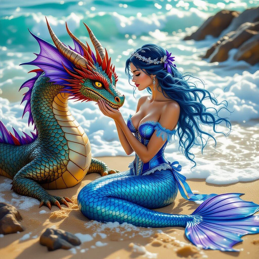 An oil painting on textured, rough canvas of a beautiful mer...