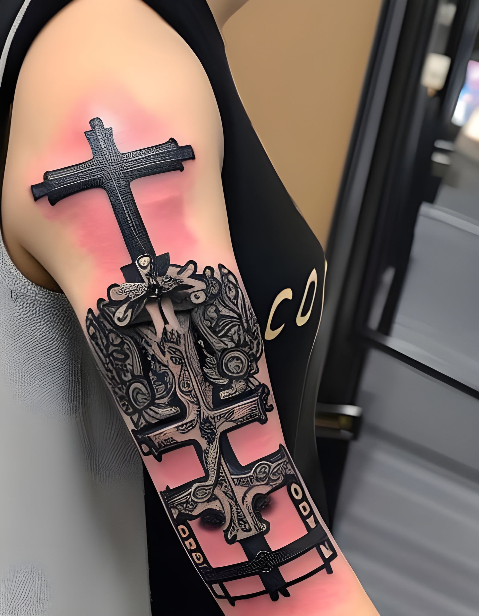 Full Arm Black And White Sleeve Tattoo Crucifix (Continued)