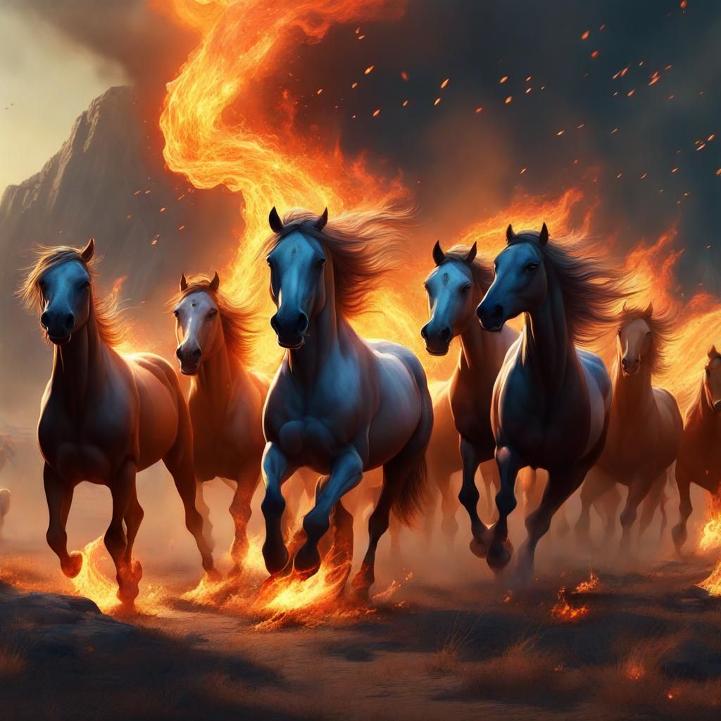 Magical Fire Horses: Epic Digital Gouache Painting