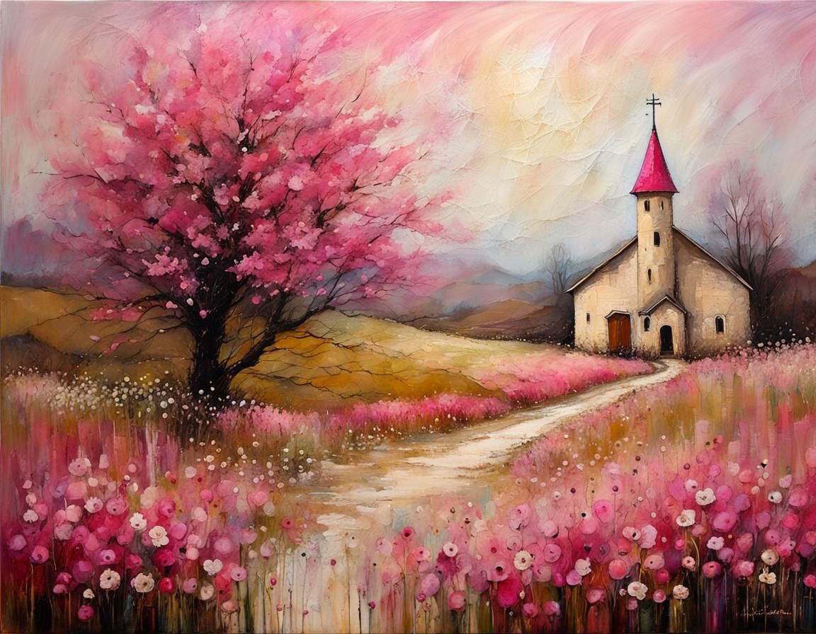 Pink Spring Meadow Encaustic Painting