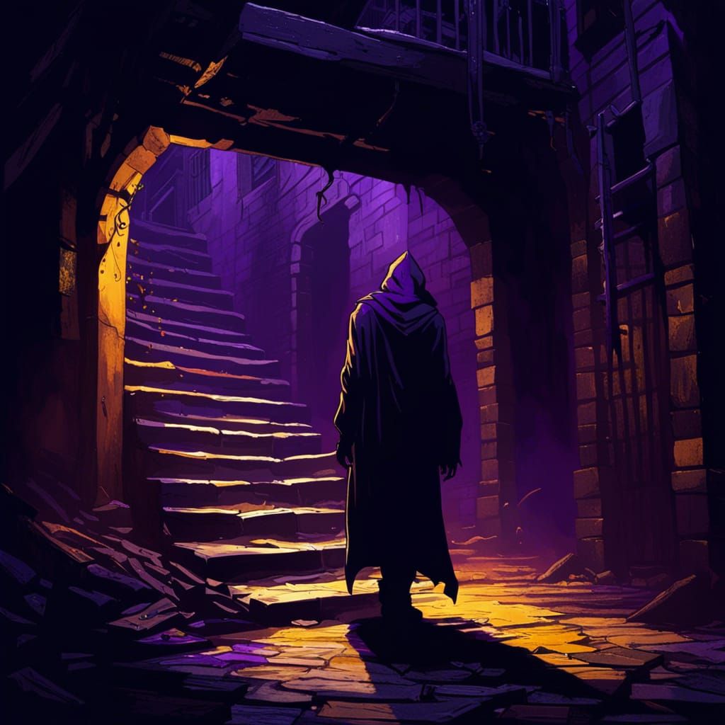 Hooded Figure Under Ladder: Dark Fantasy Art