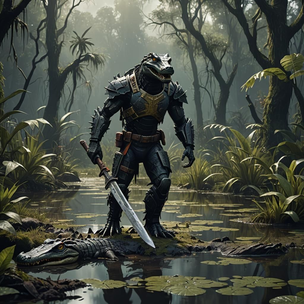 A cyborg black humanoid alligator