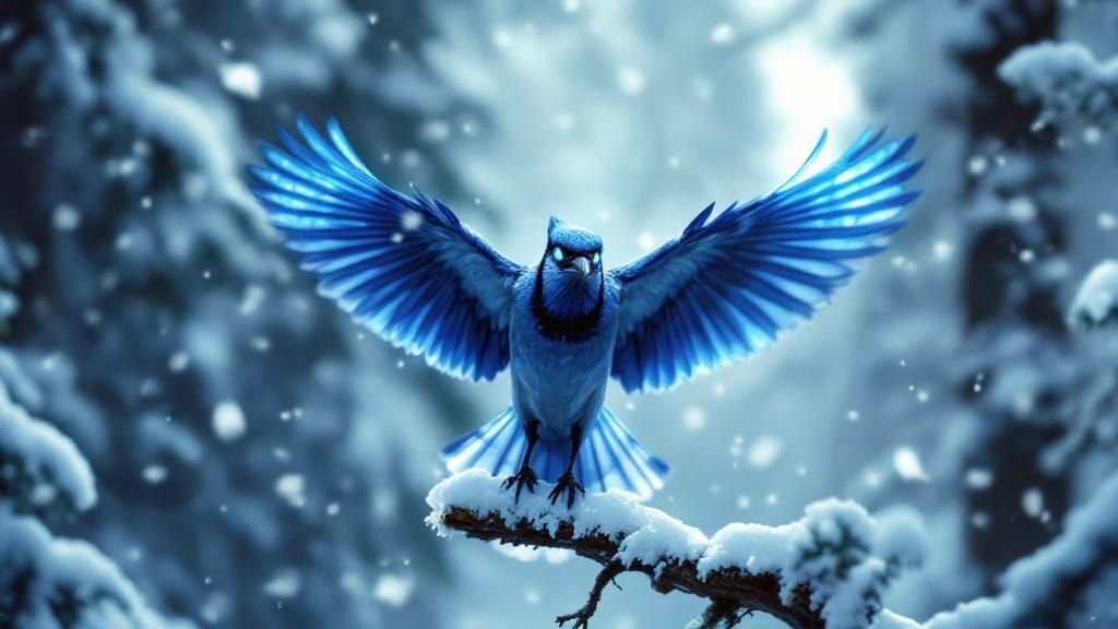 Ethereal Bluejay in Blizzard Landscape