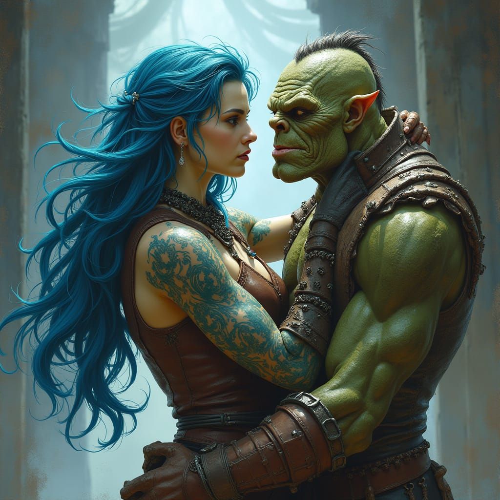 Triton Paladin Confronts Smirking Half-Orc in a Fiery Atmosp...