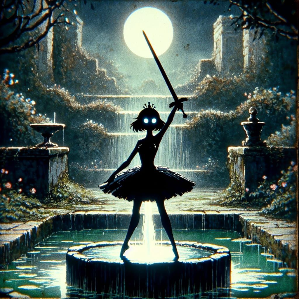 Shadowy Princess with Sword in Abandoned Garden