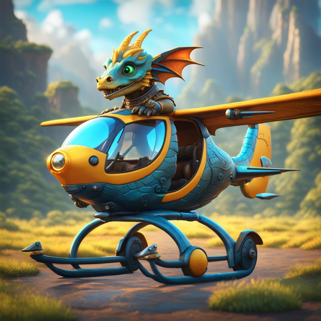 Wingless Dragon Soars with Autogyro in Detailed Digital Art