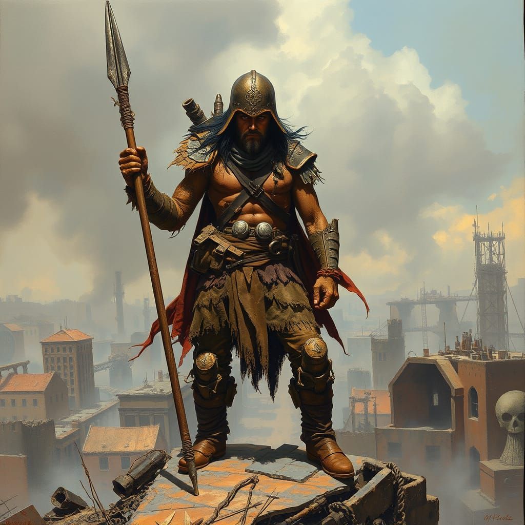 Post-Apocalyptic Warrior in Ruined Cityscape