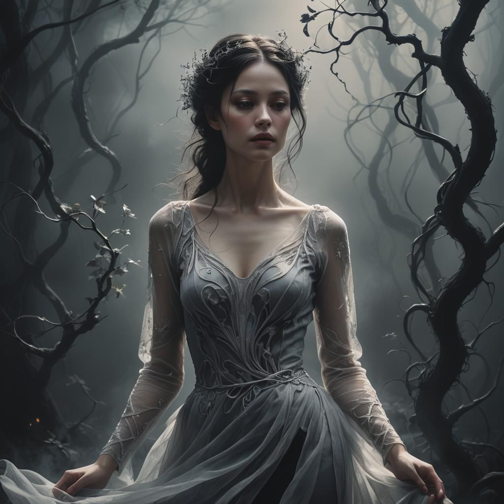 Contemplative Woman in a Dark, Moody Cityscape