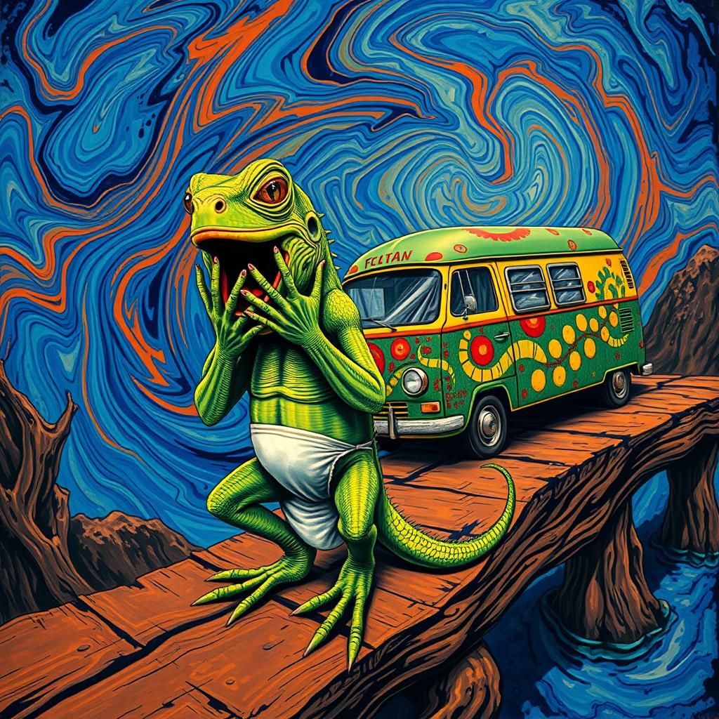 Emotive Iguana's Silent Scream in Maximalist Style