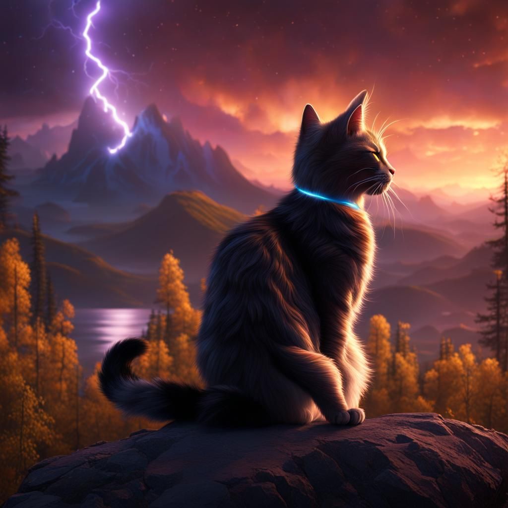Cat in Aurora Mountains with Lightning