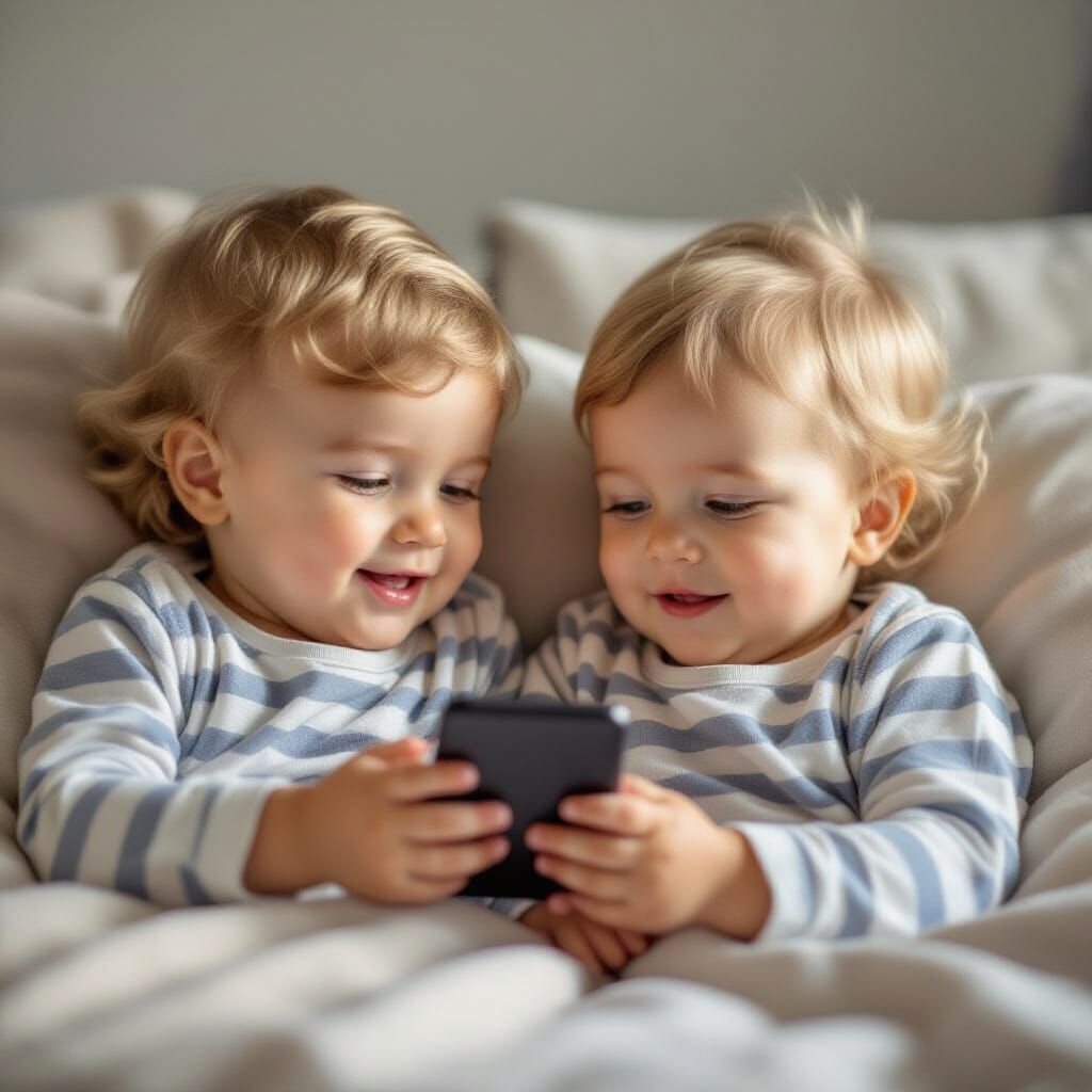 Two Blond Baby Boys Texting on Smartphone