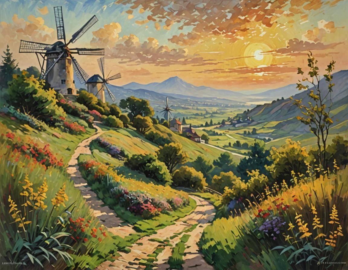 Impressionist Painting: Mountain Path with Windmills