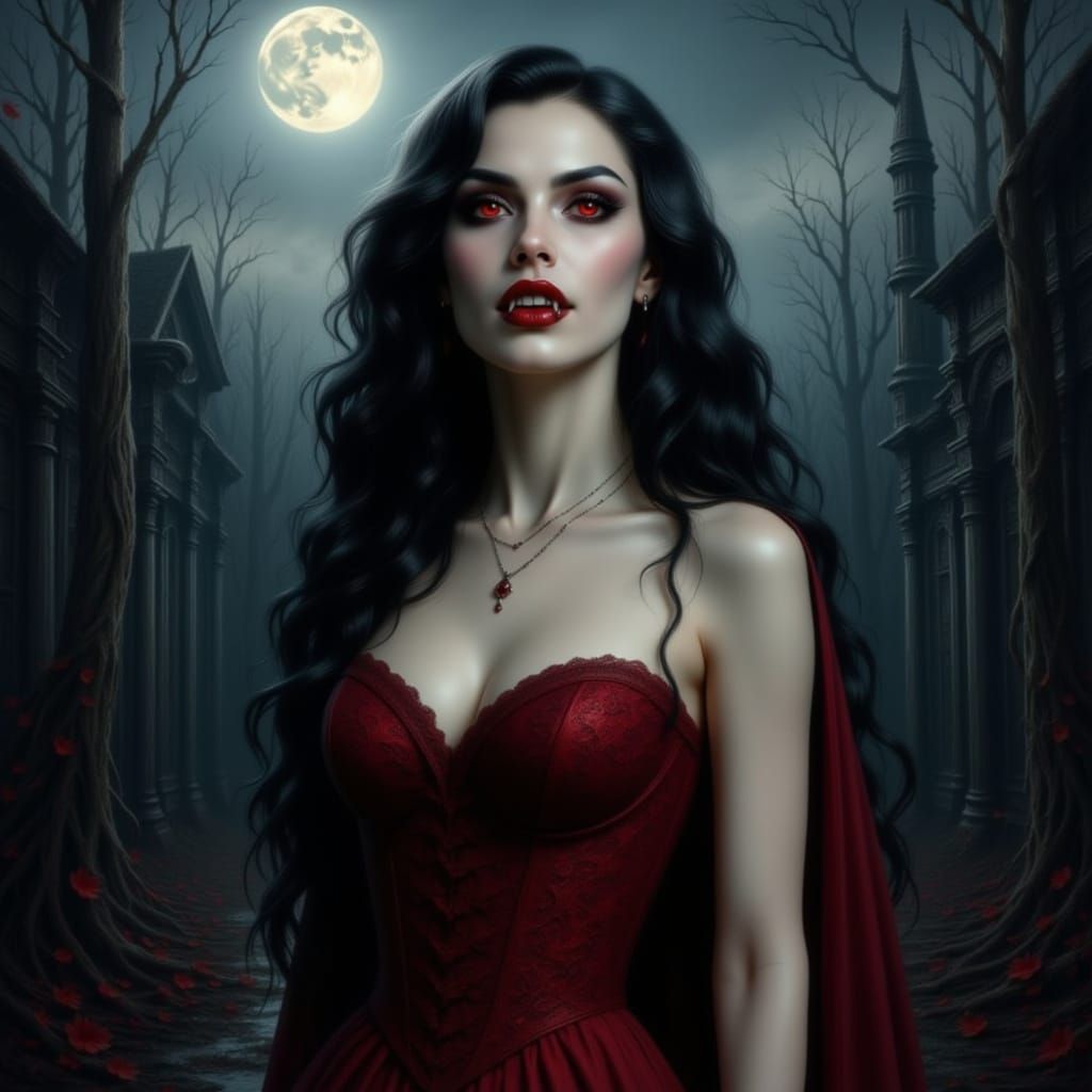 Gothic Vampire in Ruined Cemetery, Romantic Art Style