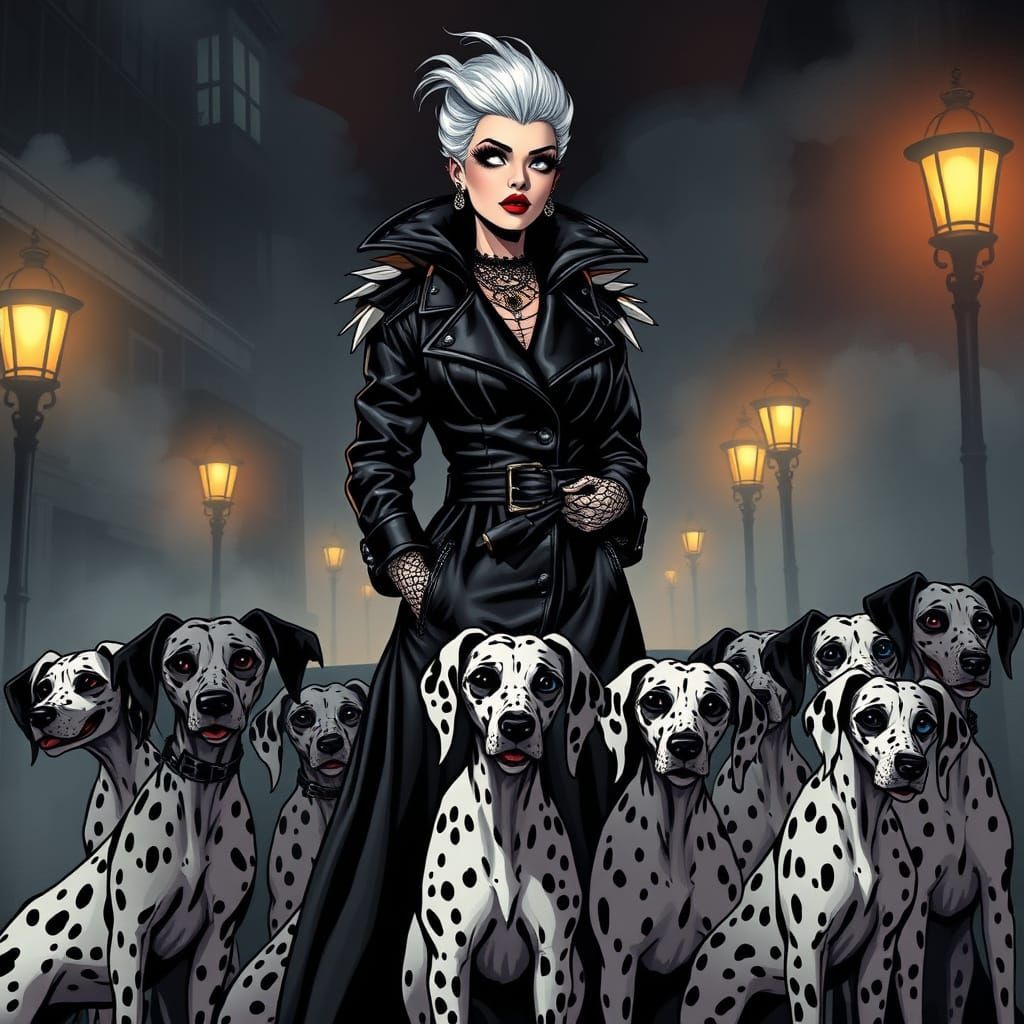 Gothic Cruella DeVille in Victorian Cityscape with 101 Dalma...