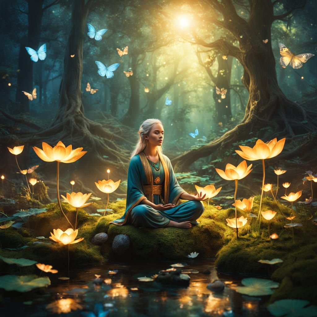 Woman Meditating in Golden Orb Amidst Enchanted Forest