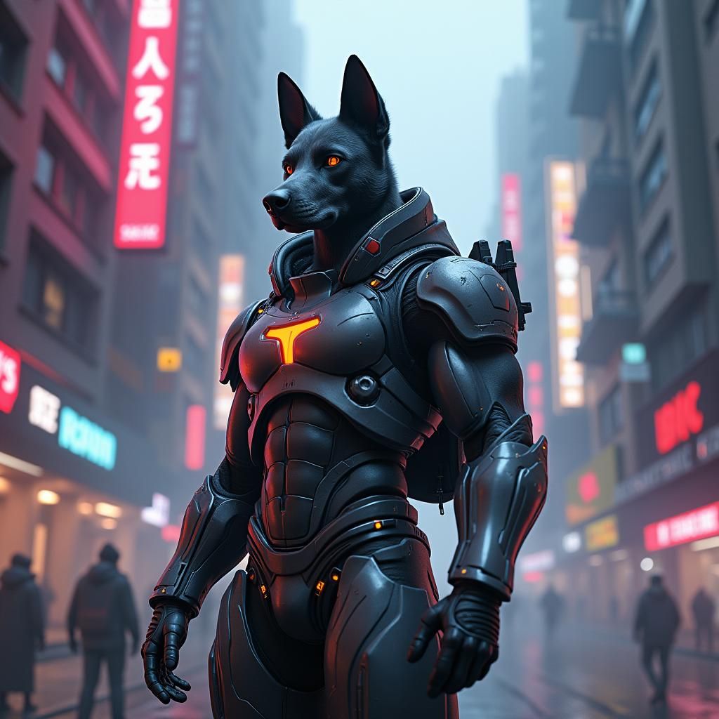 Cyberpunk Dog Soldier in Dystopian Cityscape