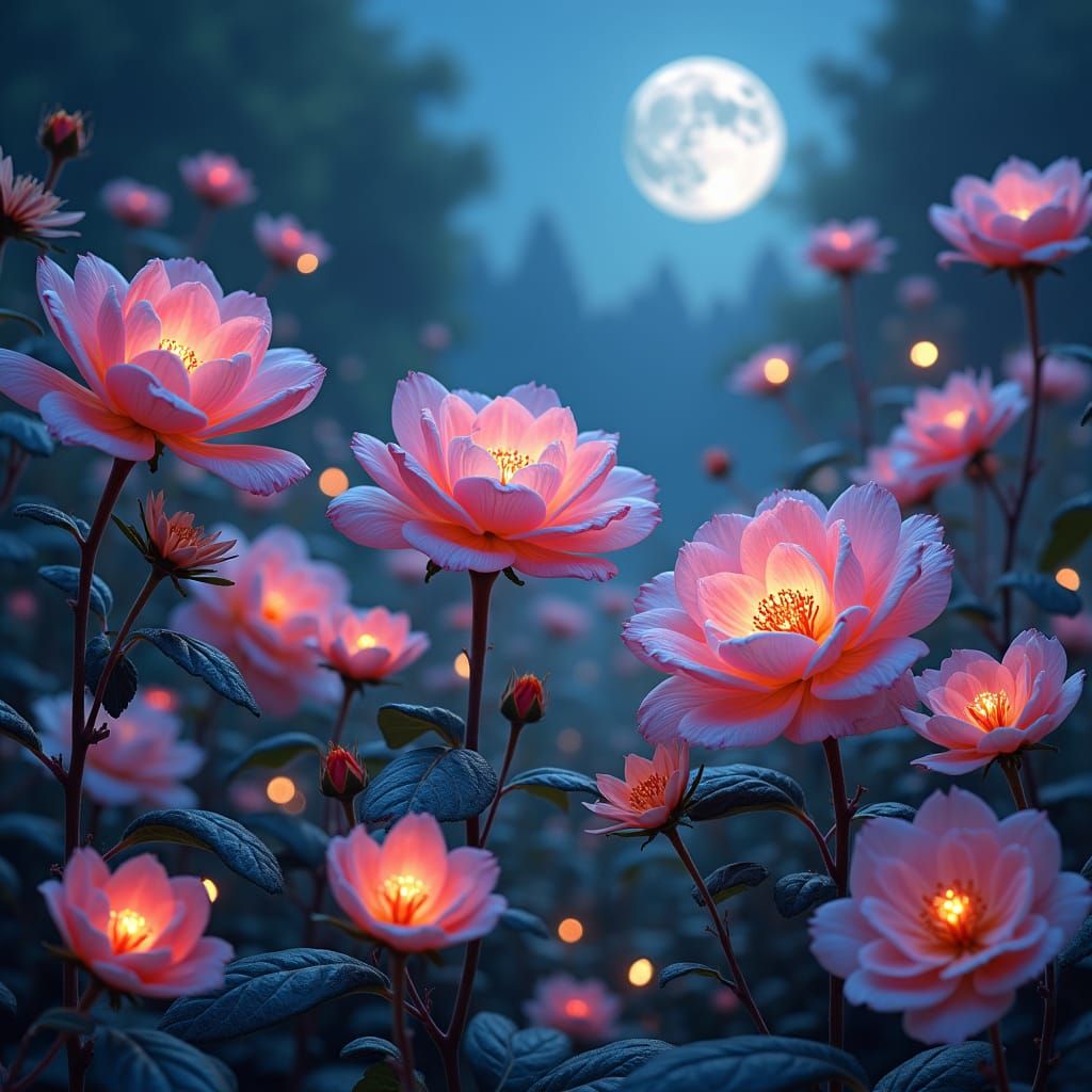 Iridescent Flowers Bloom in Enchanted Moonlit Garden