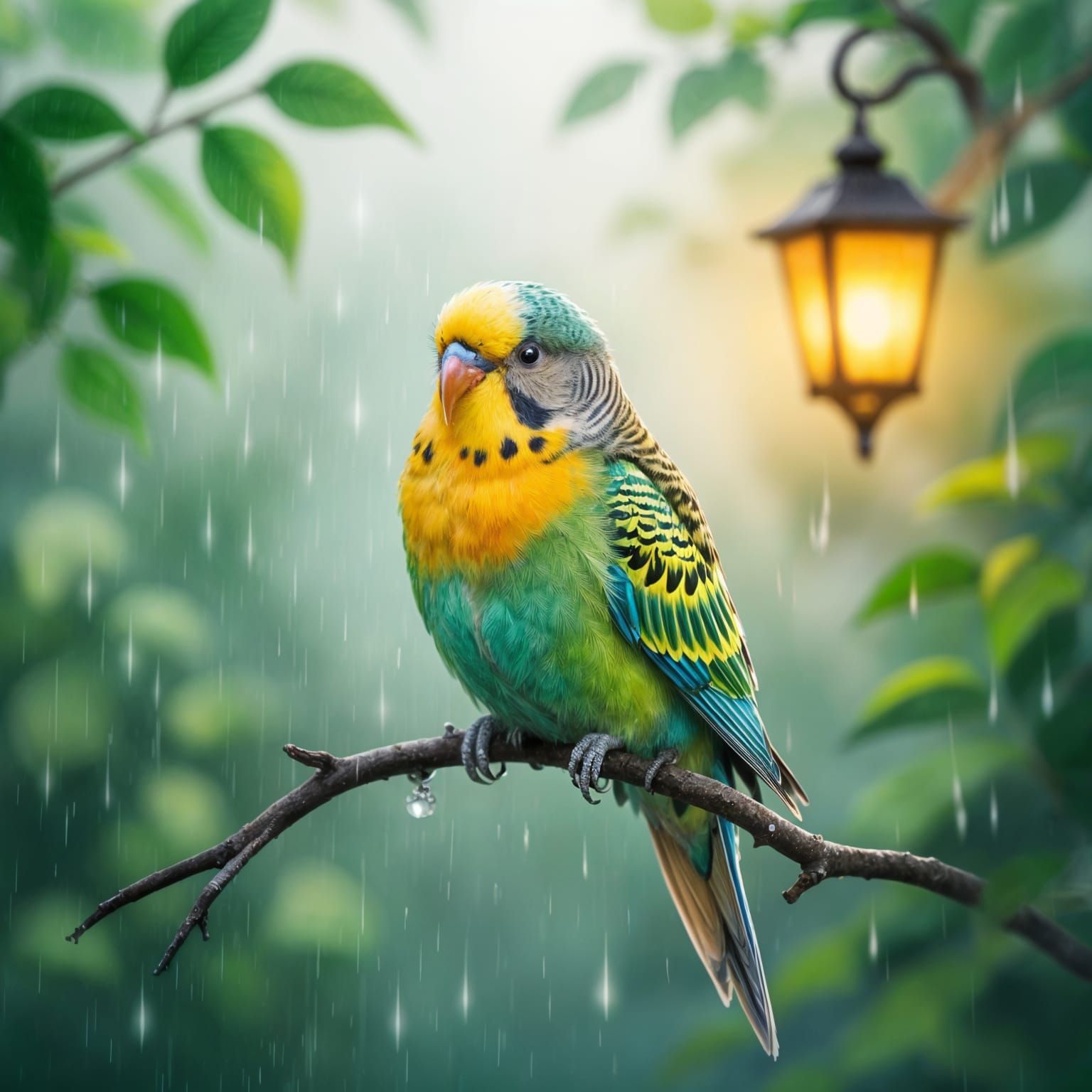 Budgie in Rainy Emerald Garden