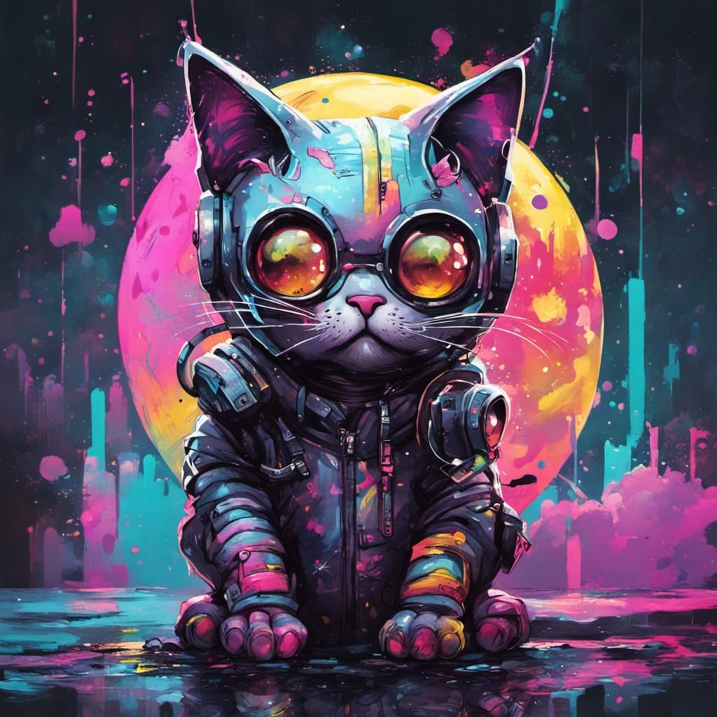 Cyberpunk Moon Cat Graffiti Art