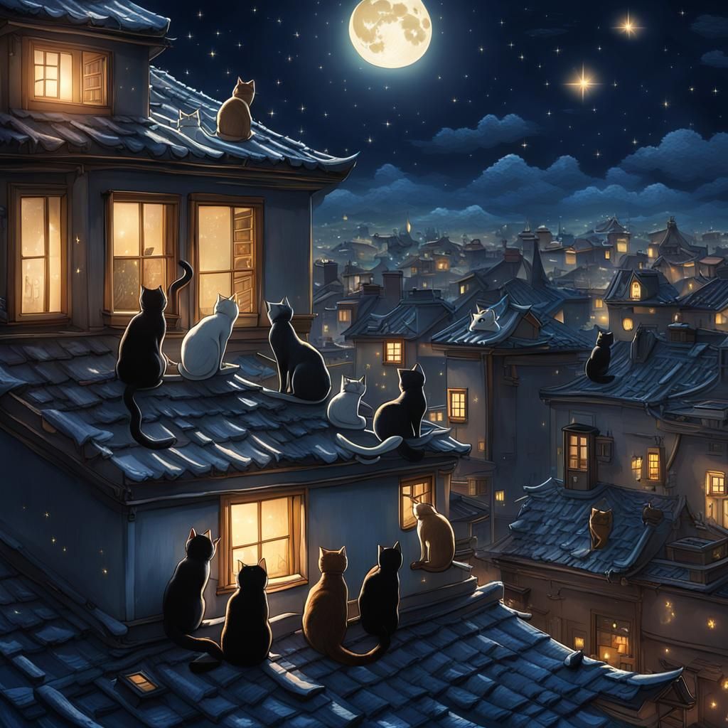 Cats Meeting on Rooftop in Studio Ghibli Style