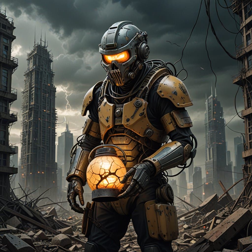 Lone Survivor in Post-Apocalyptic World with Jug Helmet