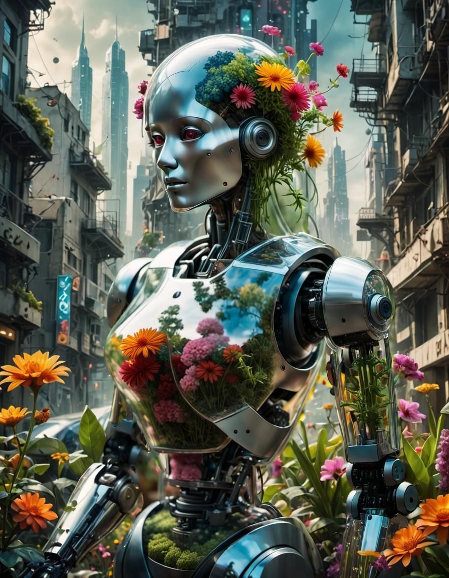 Biopunk Crystal Robot in Dystopian Cityscape