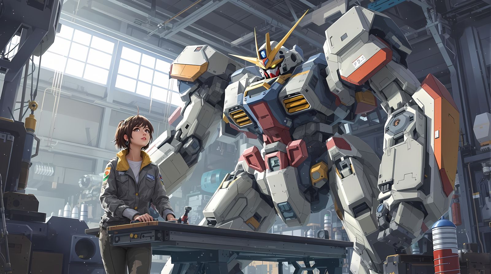 Anime-Style Mechanic in a Futuristic Hangar
