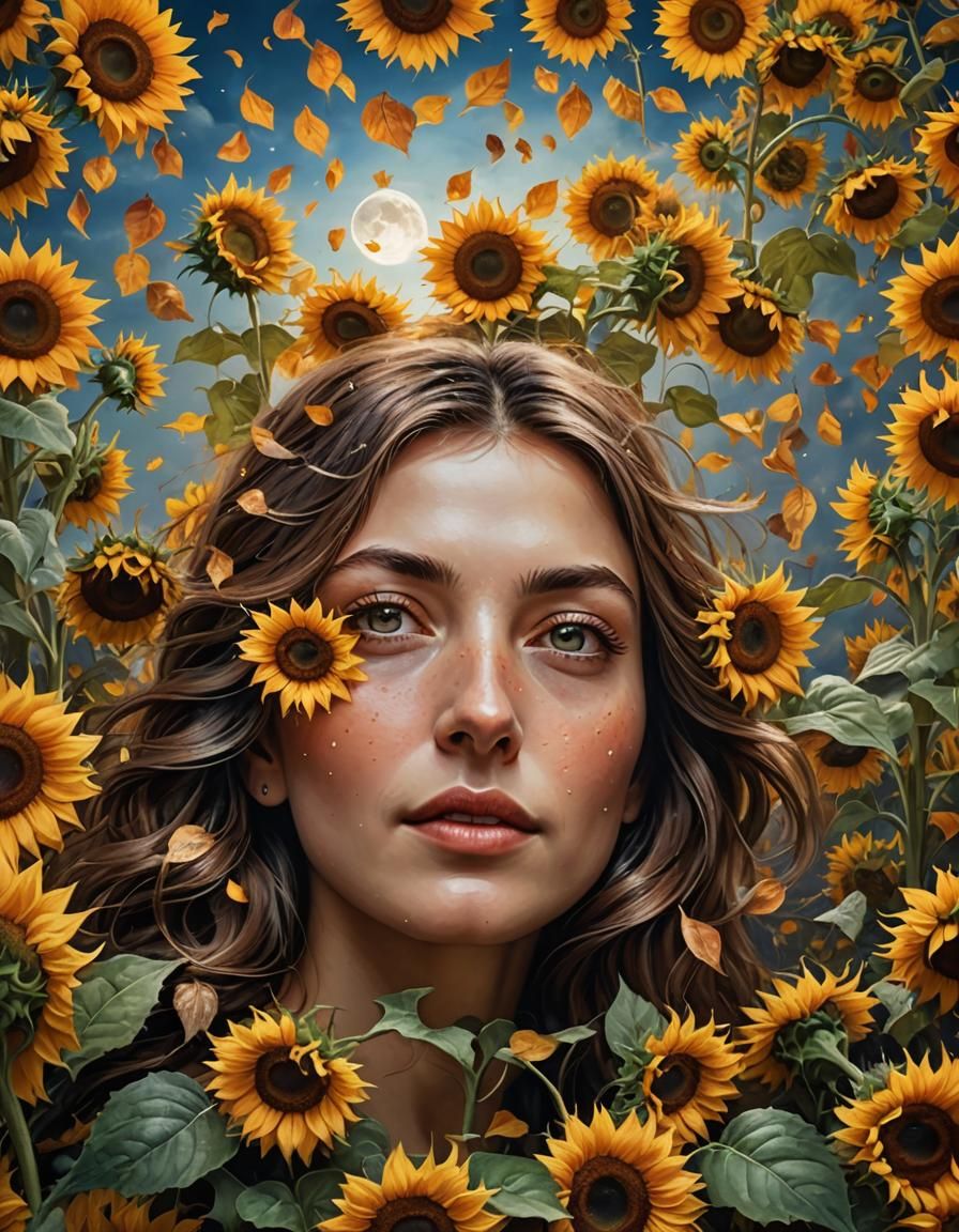 Magic Sunflowers in Autumn Landscape, Photorealistic Oil Pai...