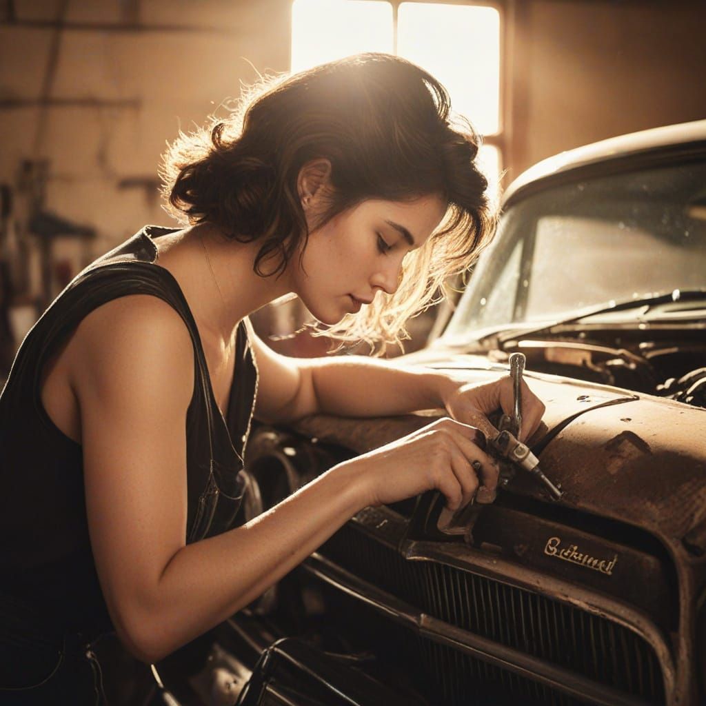 Woman Repairs Classic Car in Vintage Garage