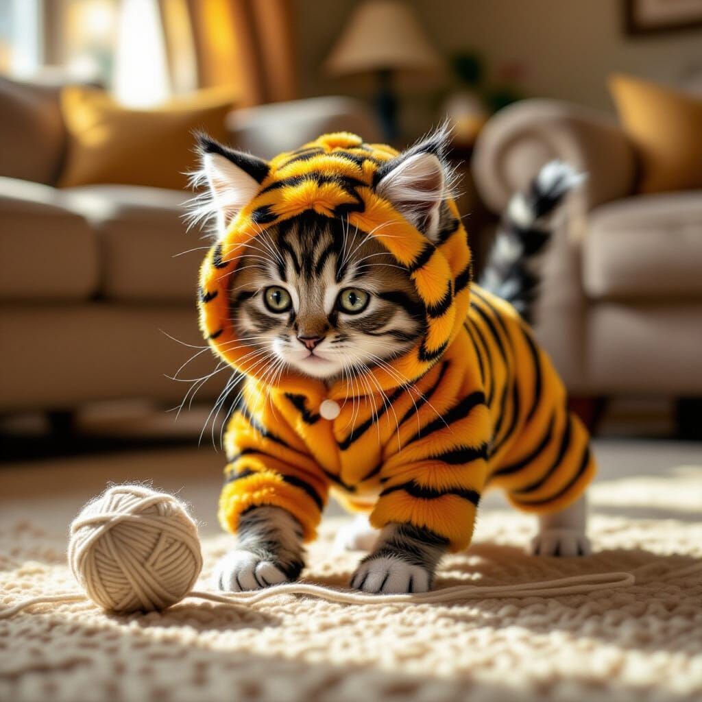 Fluffy Kitten in Tiger Costume Plays with Yarn