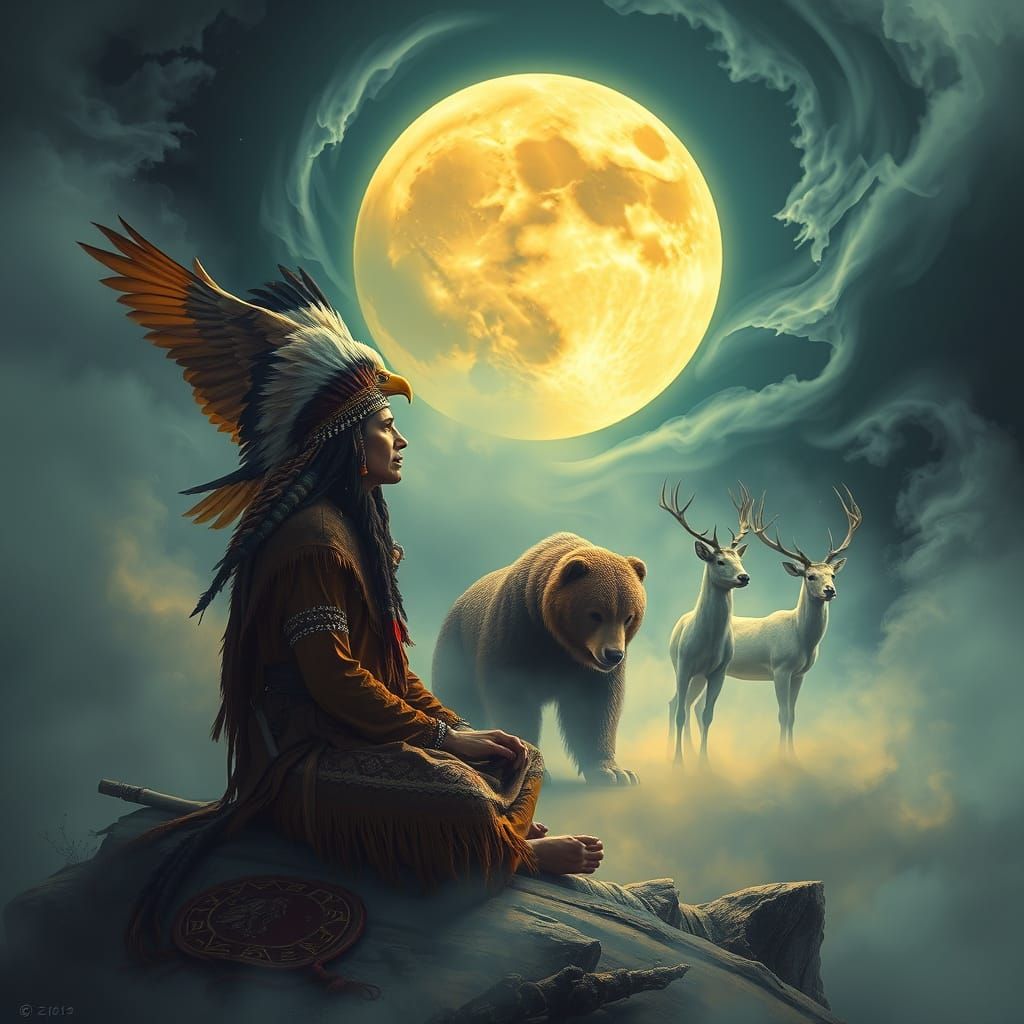 Ethereal Shaman Meditation Under Glowing Moon