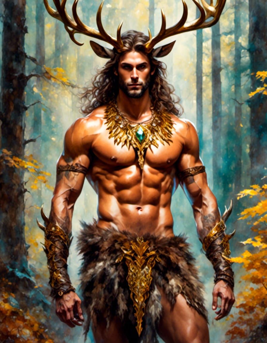 Horned Forest God Portrait with Gold Torque