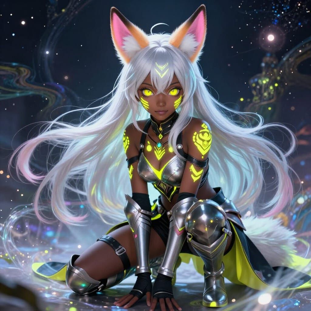 Anime Kitsune Girl With Bioluminescent Tattoos