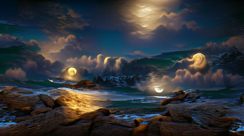 Moonlit Beach with Luminous Waves in 3D