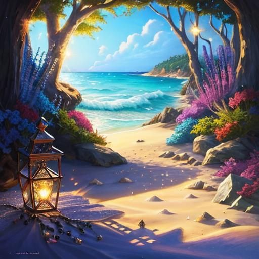 Beachside Chest with Precious Jewels, Storybook Illustration