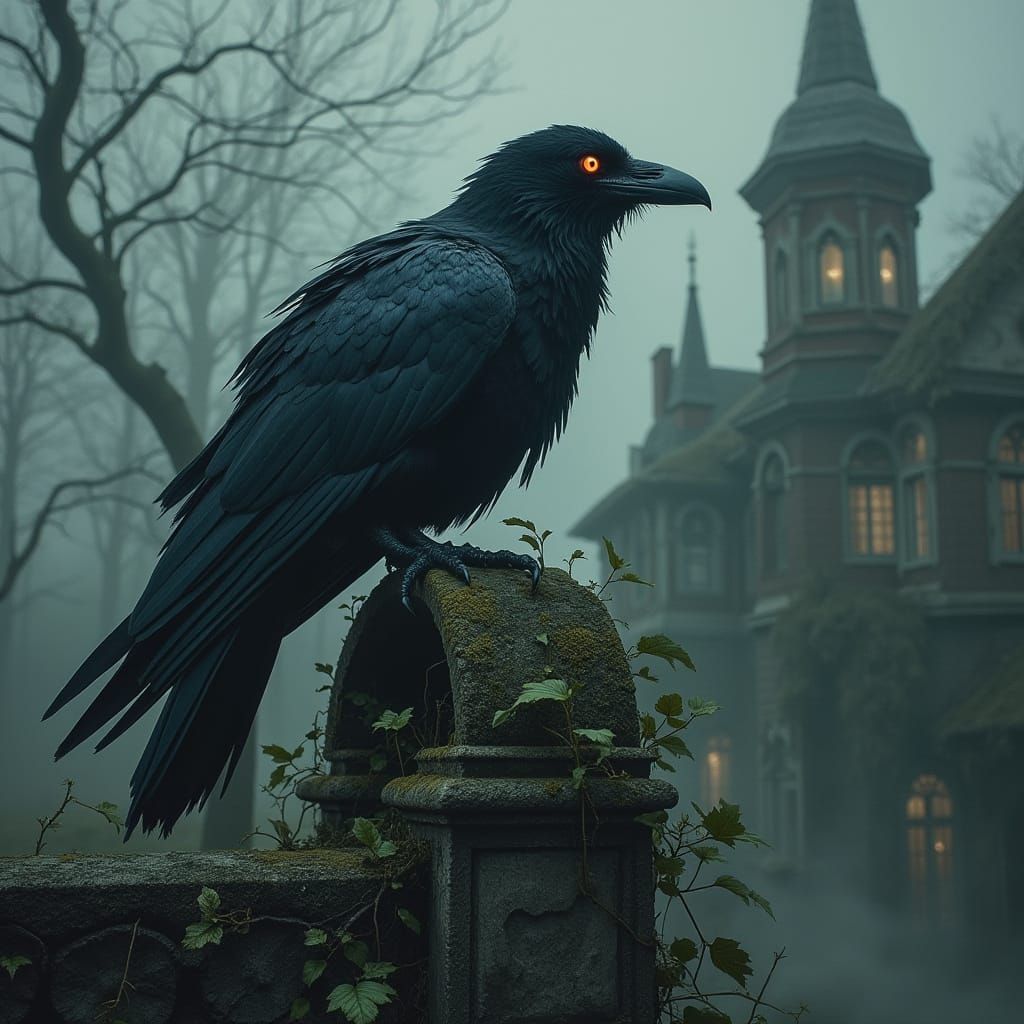 Gothic Raven Perched Atop Victorian Mansion