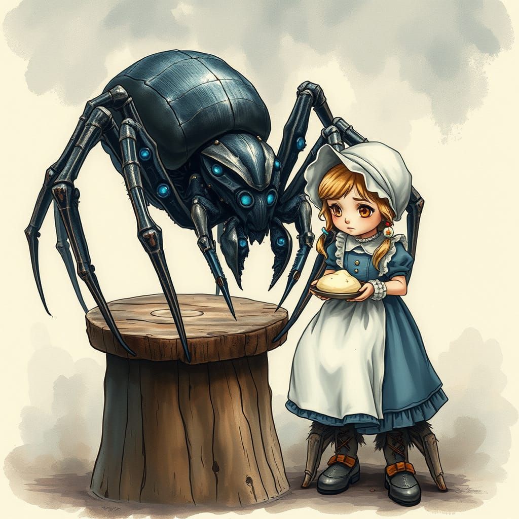 Biomechanical Spider and Miss Muffet in Ghibli Style