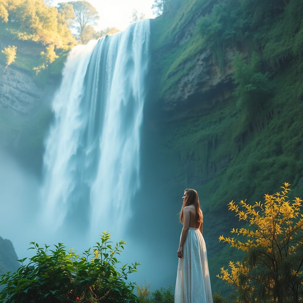 Woman by Waterfall in Ash Thorp Style