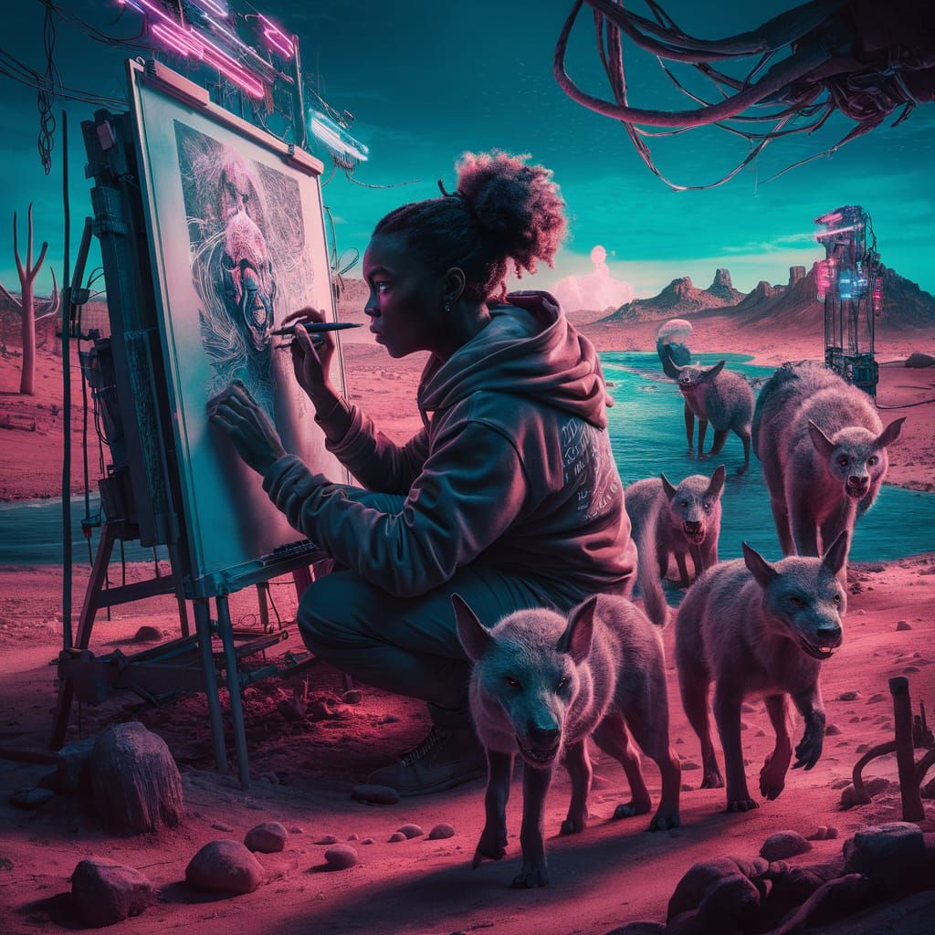 Cyberpunk Artist in Desert Oasis Creates Masterpiece