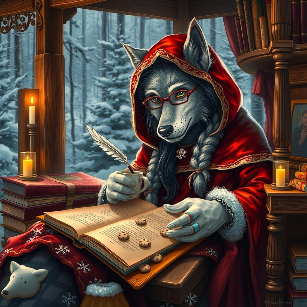 Wisdom-Weaving Wolf Grandmother in Cozy Cabin