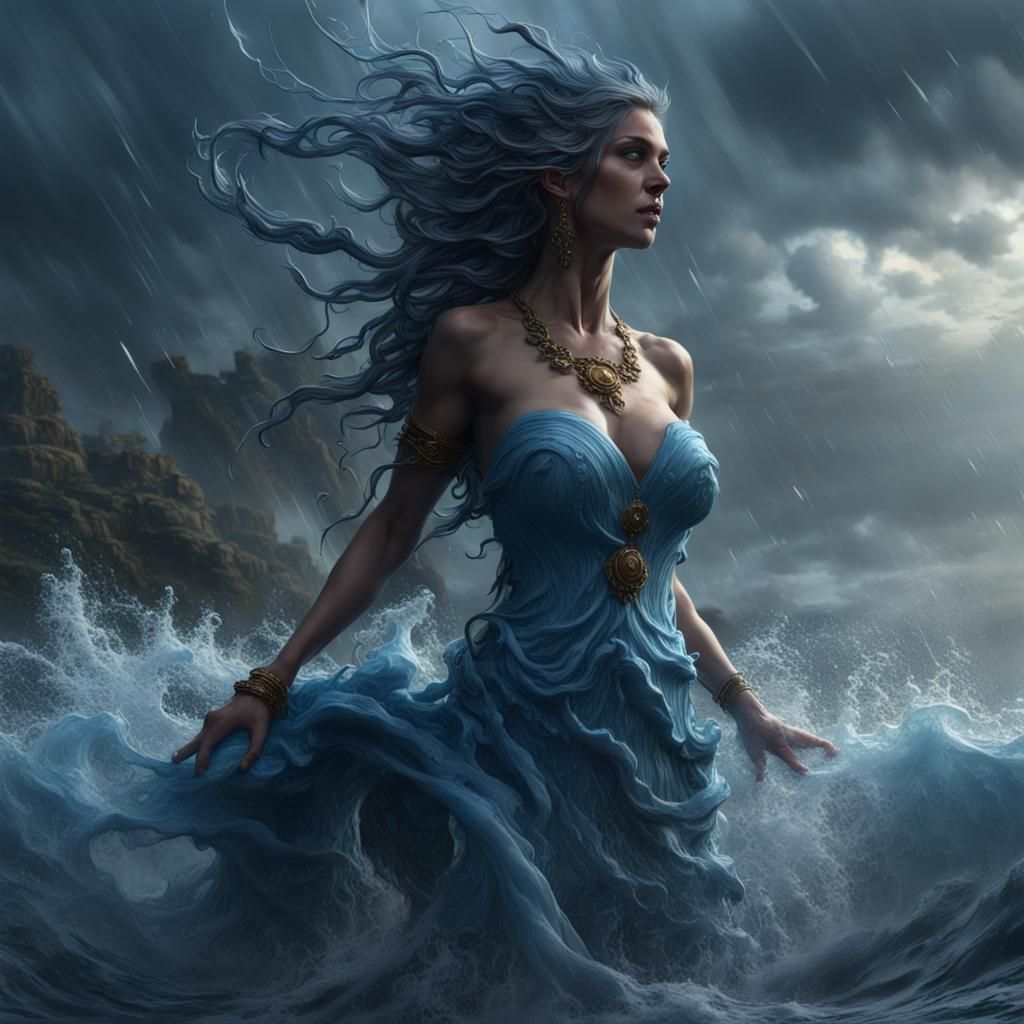 Voluptuous Blue Goddess Creates Sea Storm