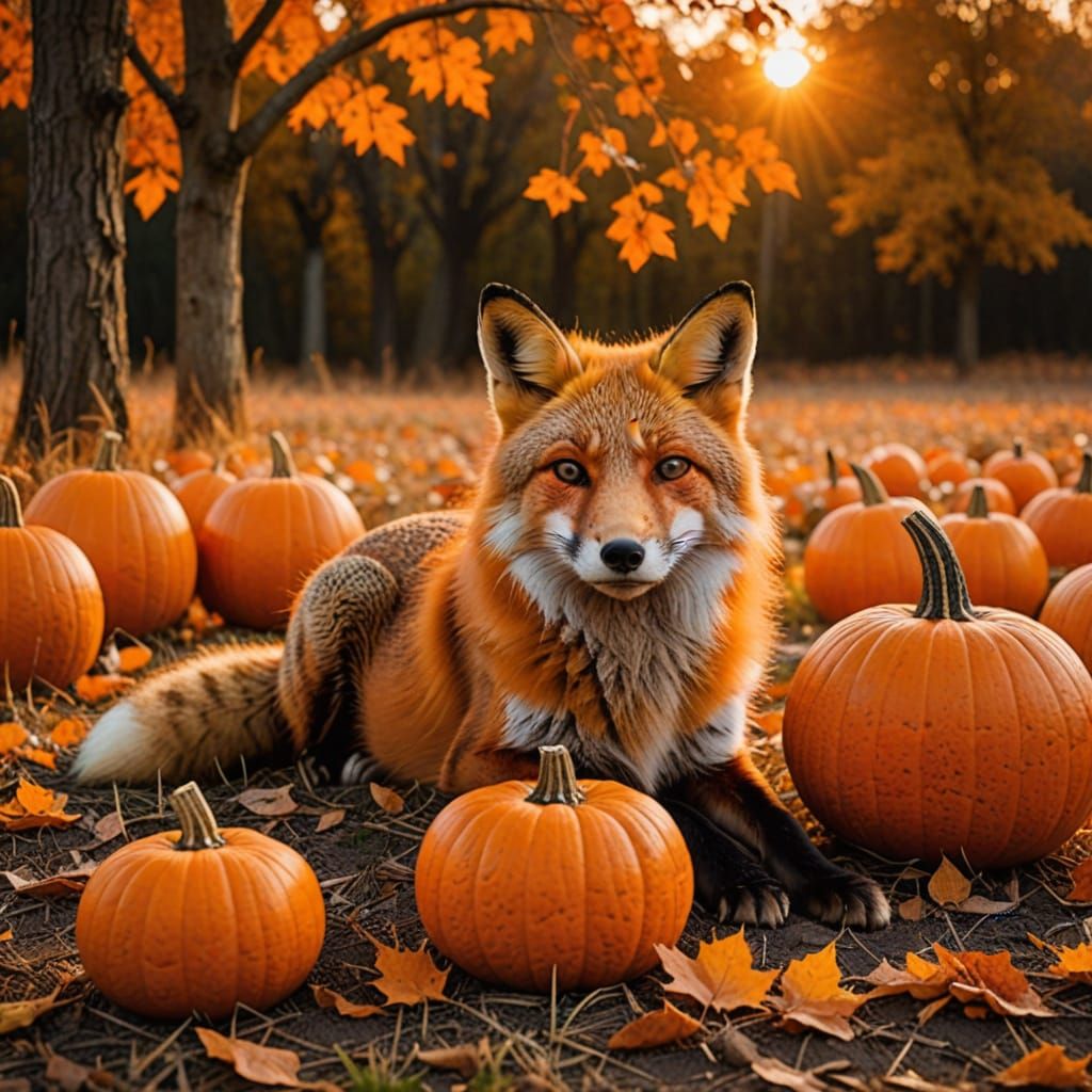 Relaxed Fox with Pumpkin in Autumn Sunset