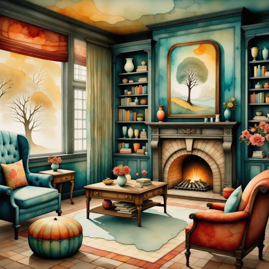 Cozy Christmas Living Room in Watercolor Art Nouveau