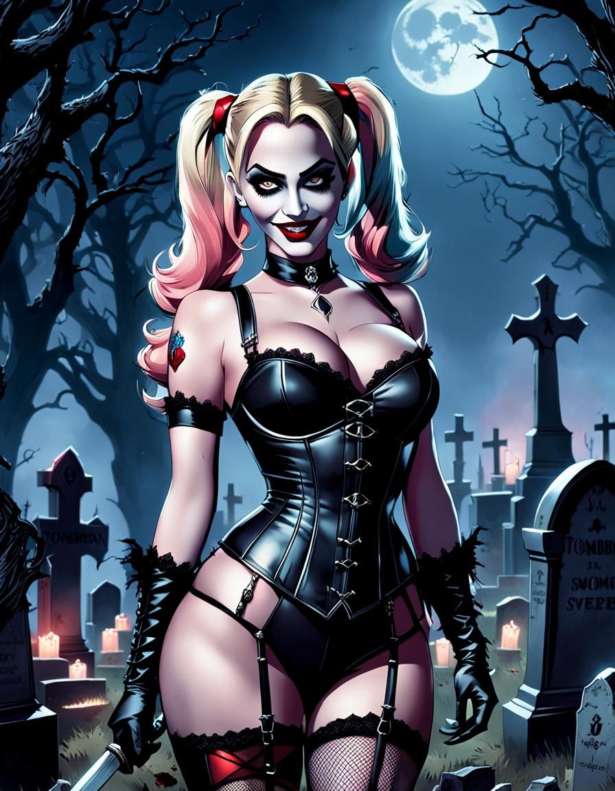 Harley Quinn in Graveyard with Severed Head