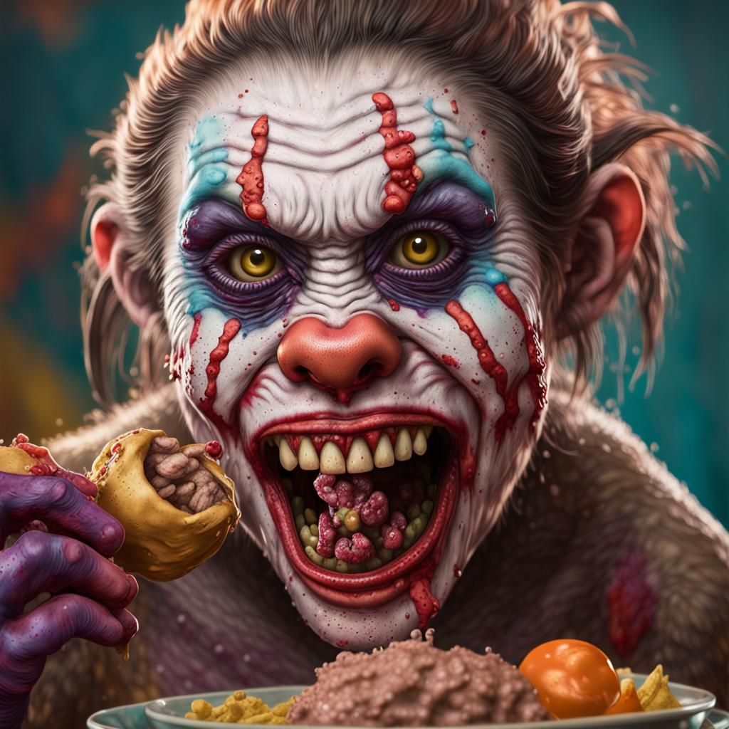 Hyperrealistic Zombie Clown Eating a Monkey