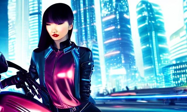 Cyberpunk Woman on Motorbike in Neon Cityscape