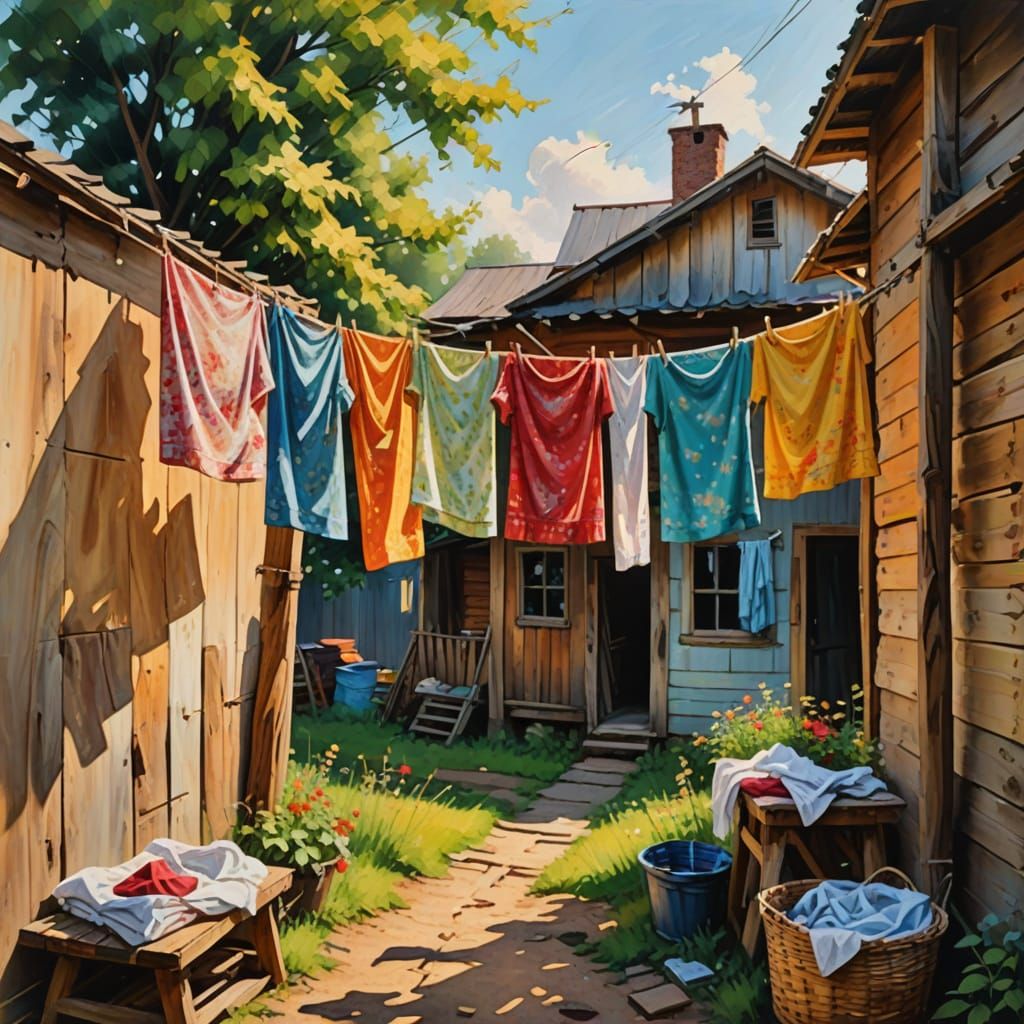 Impressionist Laundry Line Scene in Sunlight
